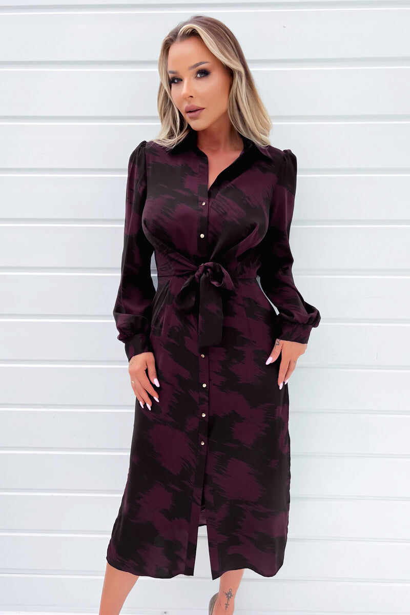 Wine And Black Printed Button Front Tie Shirt Dress