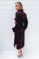 Wine And Black Printed Button Front Tie Shirt Dress