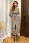 Beige Animal Print Long Sleeve Shirred Detail Midi Dress