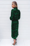 Green Animal Print High Neck Long Sleeve Midi Dress