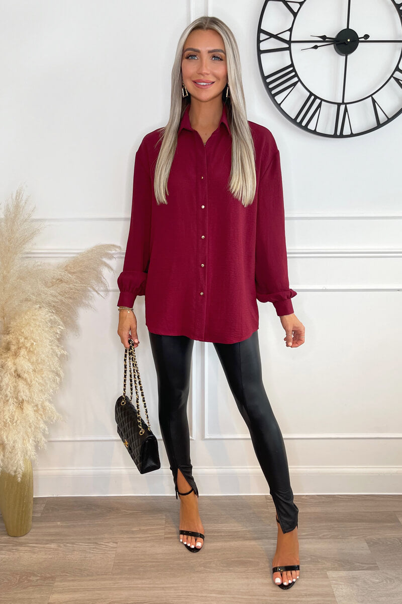 Wine Long Sleeve Gold Button Front Shirt