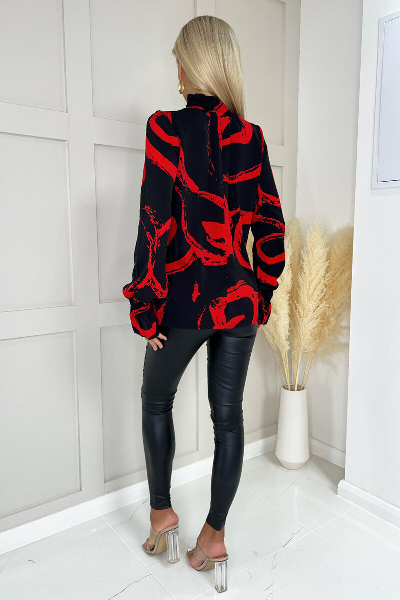Black And Red Printed Long Sleeve Shirred Detail Top