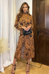 Camel Print High Neck Split Skirt Midi Dress