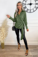 Olive Satin Tie Waist Wrap Shirt