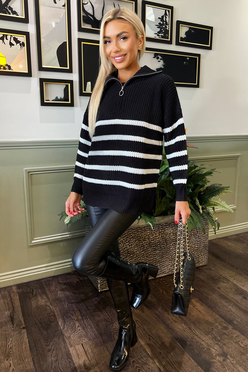 Black And Cream Zip Front Striped Knitted Jumper