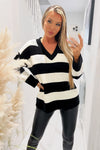 Black And Cream Stripe V-Neck Knitted Jumper
