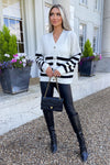 Cream And Black Stripe Knit Button Front Cardigan