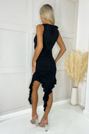 Black Ruched Asymmetrical Frill Midi Dress With Flower Detail
