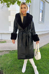 Black Faux Fur Trim Leather Look Long Coat