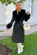 Black Faux Fur Trim Leather Look Long Coat