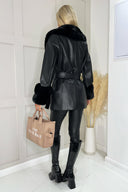 Black Faux Fur Trim Leather Look Short Coat