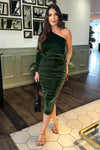 Green Velvet One Sleeve Ruched Midi Dress