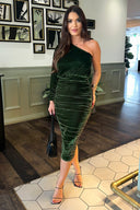 Green Velvet One Sleeve Ruched Midi Dress
