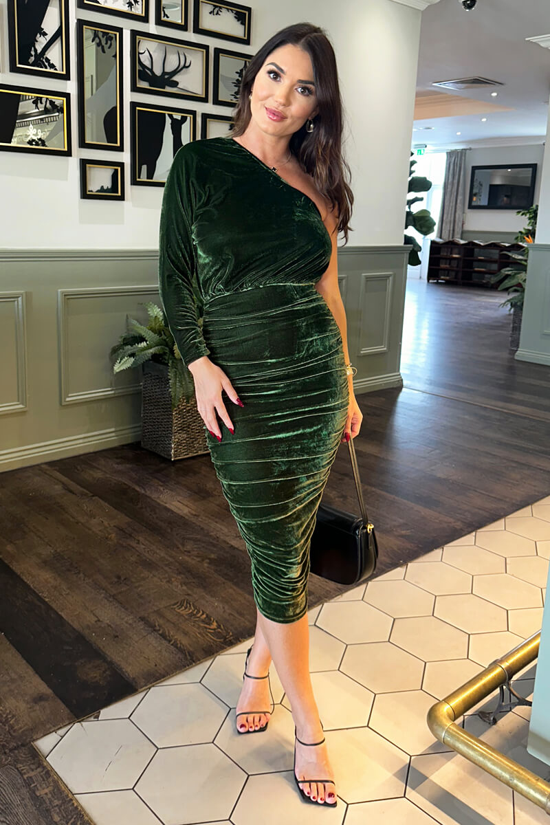 Green Velvet One Sleeve Ruched Midi Dress