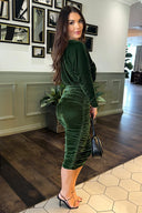 Green Velvet One Sleeve Ruched Midi Dress