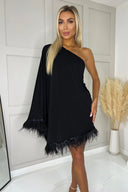 Black One Shoulder Batwing Sleeve Feather Hem Dress