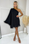 Black One Shoulder Batwing Sleeve Feather Hem Dress