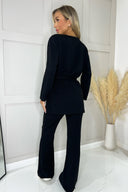 Black Ribbed Knit Flared Lounge Trousers