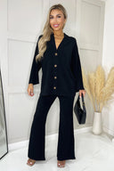 Black Ribbed Knit Button Front Lounge Cardigan