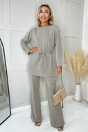 Oatmeal Ribbed Knit Flared Lounge Trousers