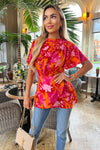 Pink And Orange Floral Printed High Neck Top