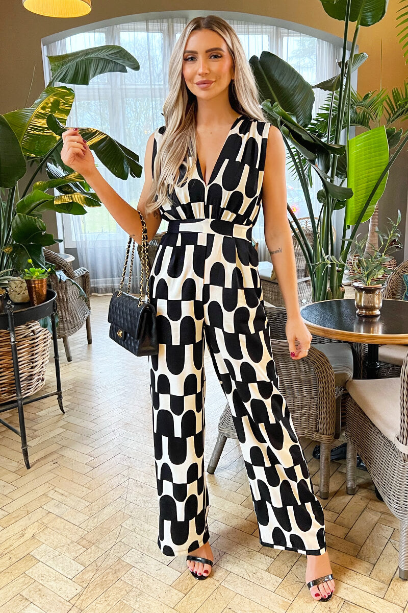 Black And Cream Abstract Print Jumpsuit