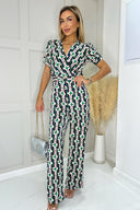 Green And Blue Geometric Multi Printed Wrap Top Belted Jumpsuit