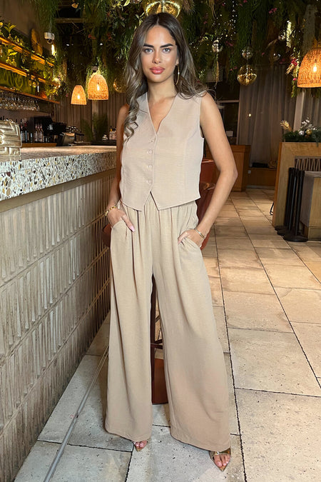 Stone Linen Style Wide Leg Trousers