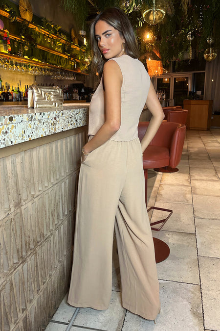 Stone Linen Style Wide Leg Trousers