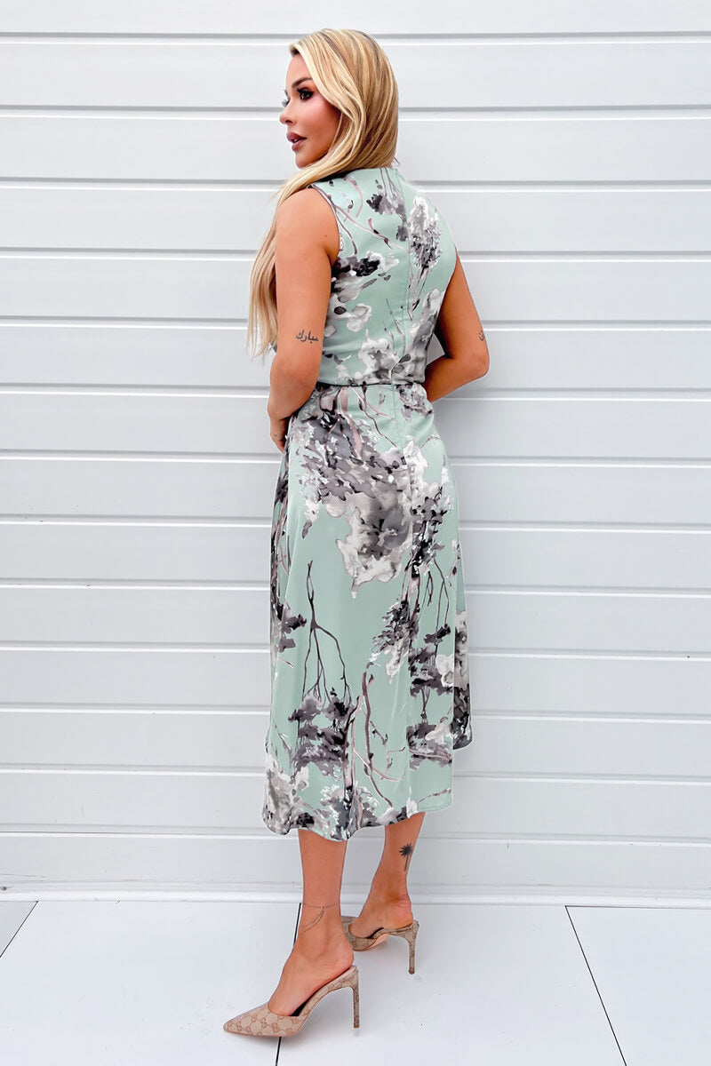 Duck Egg Print Gathered Midi Dress With Shoulder Pads