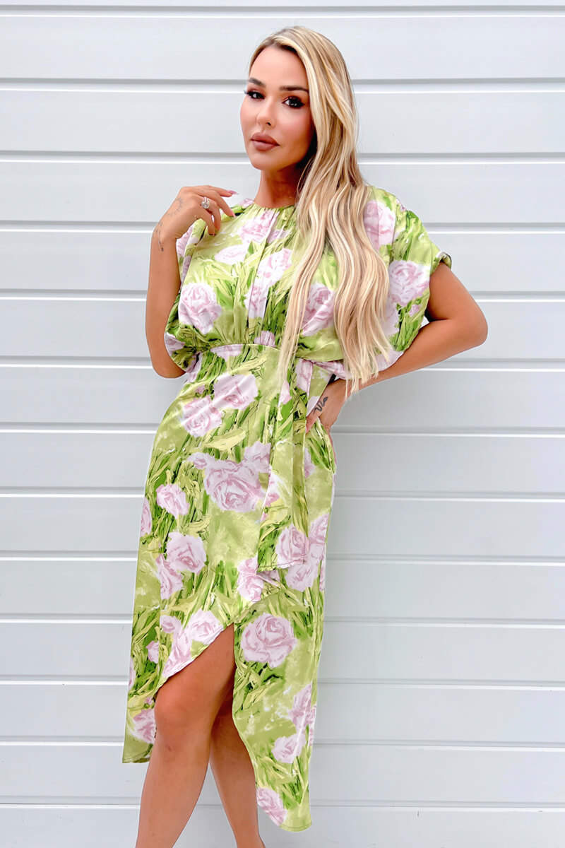 Green Floral Satin Batwing Top Wrap Skirt Midi Dress
