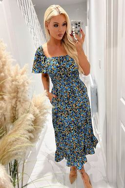Blue Multi Floral Printed Flutter Sleeve Midi Smock Dress
