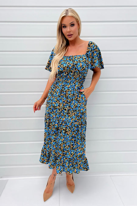 Blue Multi Floral Printed Flutter Sleeve Midi Smock Dress
