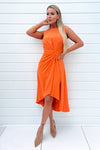 Blood Orange Gathered Midi Dress With Shoulder Pads