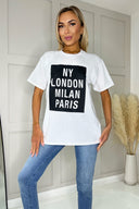 White NY London Milan Paris Slogan T-Shirt