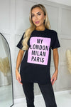 Black NY London Milan Paris Slogan T-Shirt