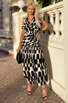 Black and Cream Abstract Print Button Front Midi Dress
