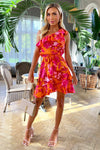 Pink And Orange Floral One Shoulder Frill Mini Dress