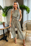 Khaki And Cream Printed Knot Front Jumpsuit