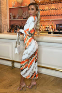 Cream And Orange Abstract Print Long Sleeve Wrap Midi Dress