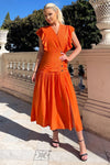 Orange Frill Shoulder Button Front Midi Dress
