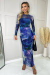 Blue Printed Mesh Overlay Long Sleeve Bodycon Midi Dress