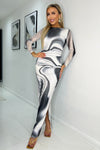 Black and White Wave Print Mesh Long Sleeve Bodycon Midi Dress