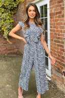 Blue Printed Frill Front Jumpsuit
