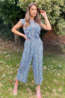 Blue Printed Frill Front Jumpsuit