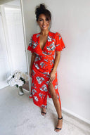 Red Floral Print Bell Sleeve Midi Dress