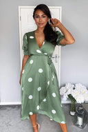 Green Dot Print Wrap Over Midi Dress