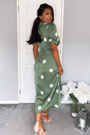 Green Dot Print Wrap Over Midi Dress