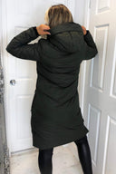 Khaki Hooded Long Line Puffer Coat