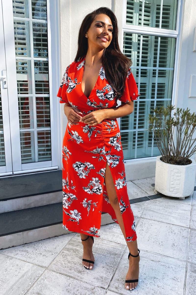 Red Floral Print Bell Sleeve Midi Dress